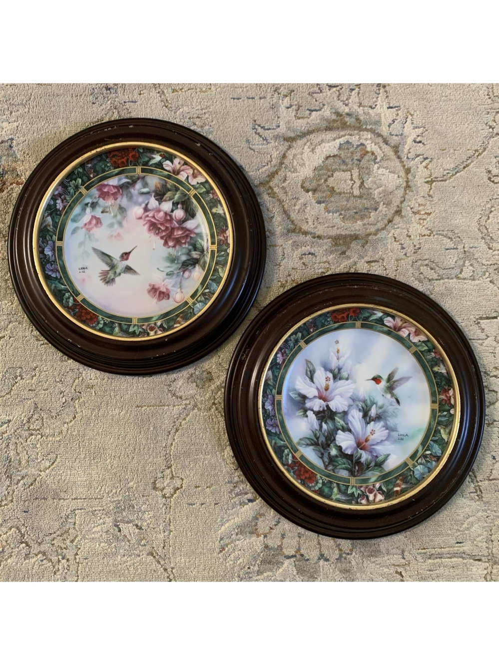 Lena Liu Hummingbird Treasury 1992 Collector Plates 1 & 2 Framed Set of 2